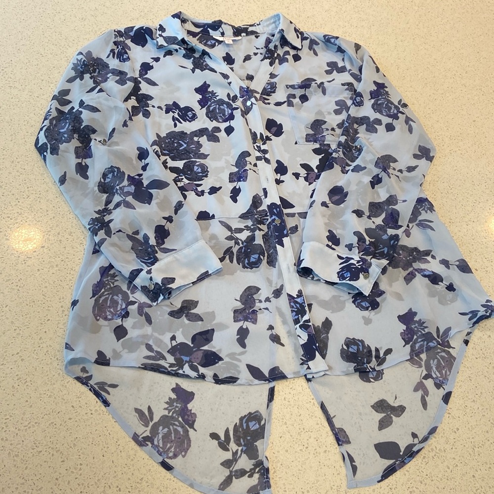 Candie’s Blue Floral Button Up Blouse, X-Large